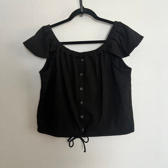Madewell Off the Shoulder Crop Top Black Scoop Neck Pedal Sleeve Button Tie Sz L - Picture 1 of 5